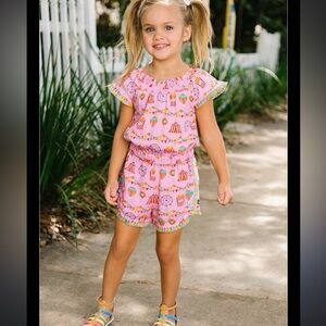 Matilda Jane Girls Carnival Print Romper Dress Size 10 EUC Pink Festival Tassel